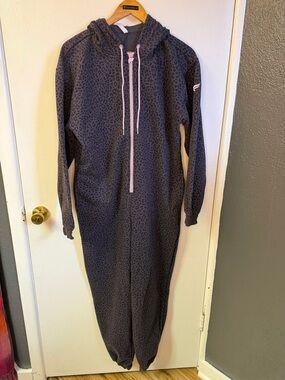 Fabletics Forever Fleece Dark Charcoal Leopard Jumpsuit with Pink Trim